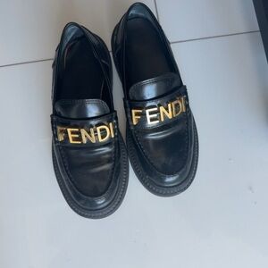 Fendi Black Leather Loafers with Gold Logo